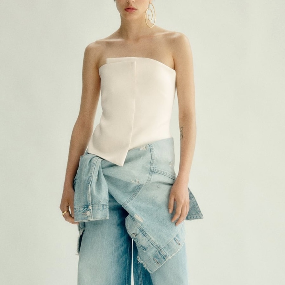 Zara ivory white satin asymmetrical wrap zipper back strapless tube top - Picture 2 of 8